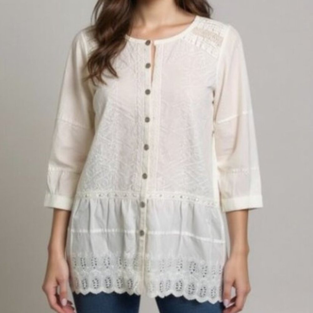 LOGO Lavish Women Large Off White Cotton Modal 3/4 Sleeve Tunic Top Cottagecore